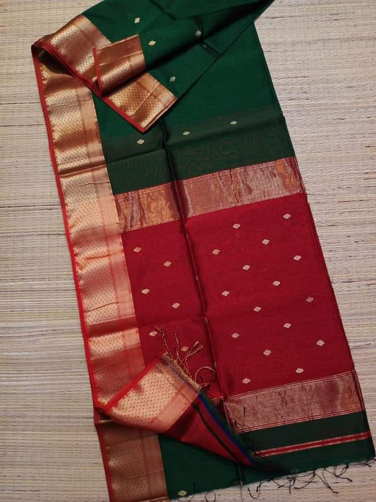 Maheshwari cotton Silk Green Color Saree with Zari border