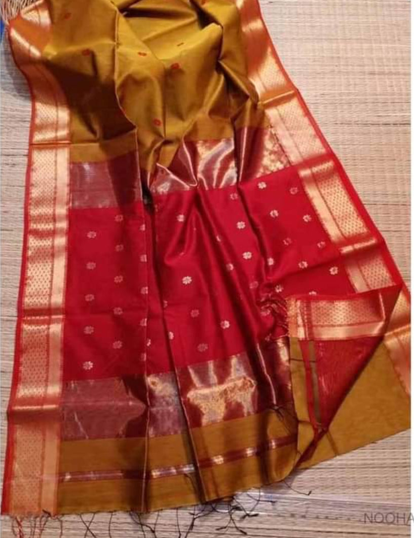 Maheshwari cotton Silk Gold Color Saree with Zari border