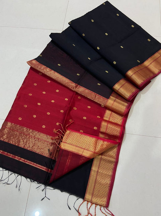 Maheshwari cotton Silk Black Color Saree with Zari border