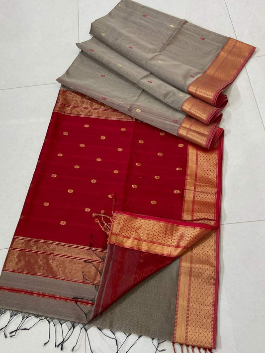Maheshwari cotton Silk Grey Color Saree with Zari border