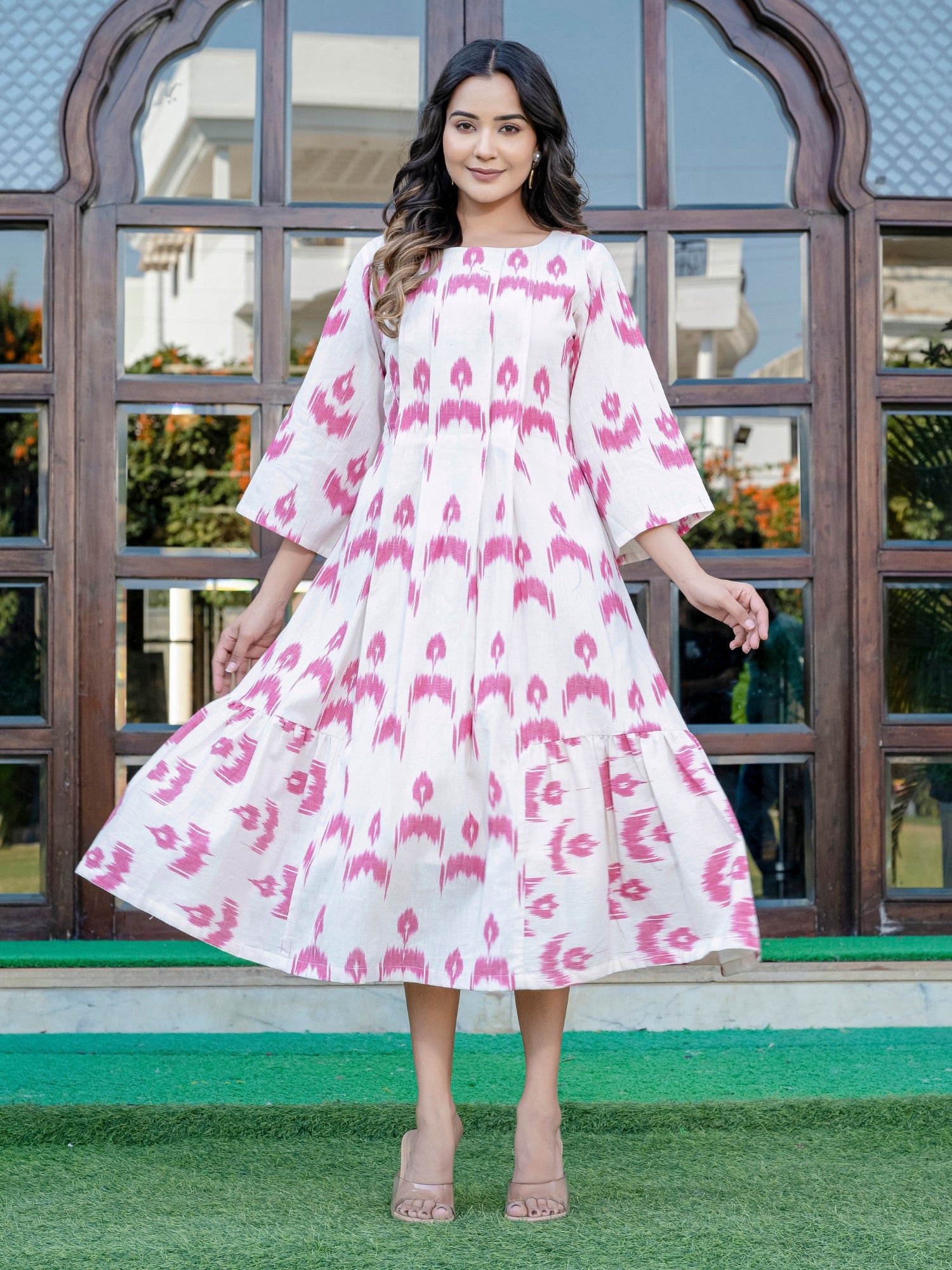 White Cotton Dress with Pink Flowers