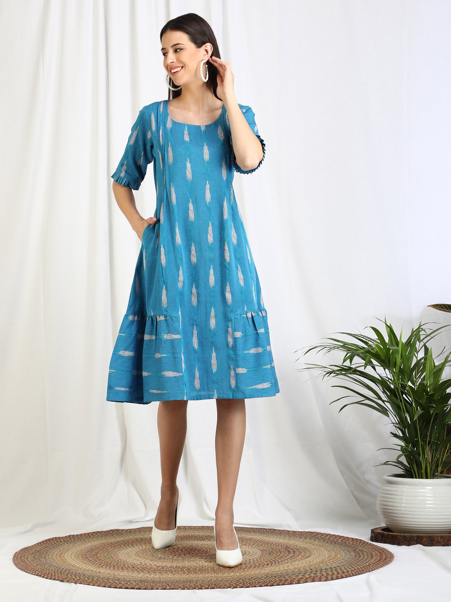 Blue Ikat Cotton Midi Dress 