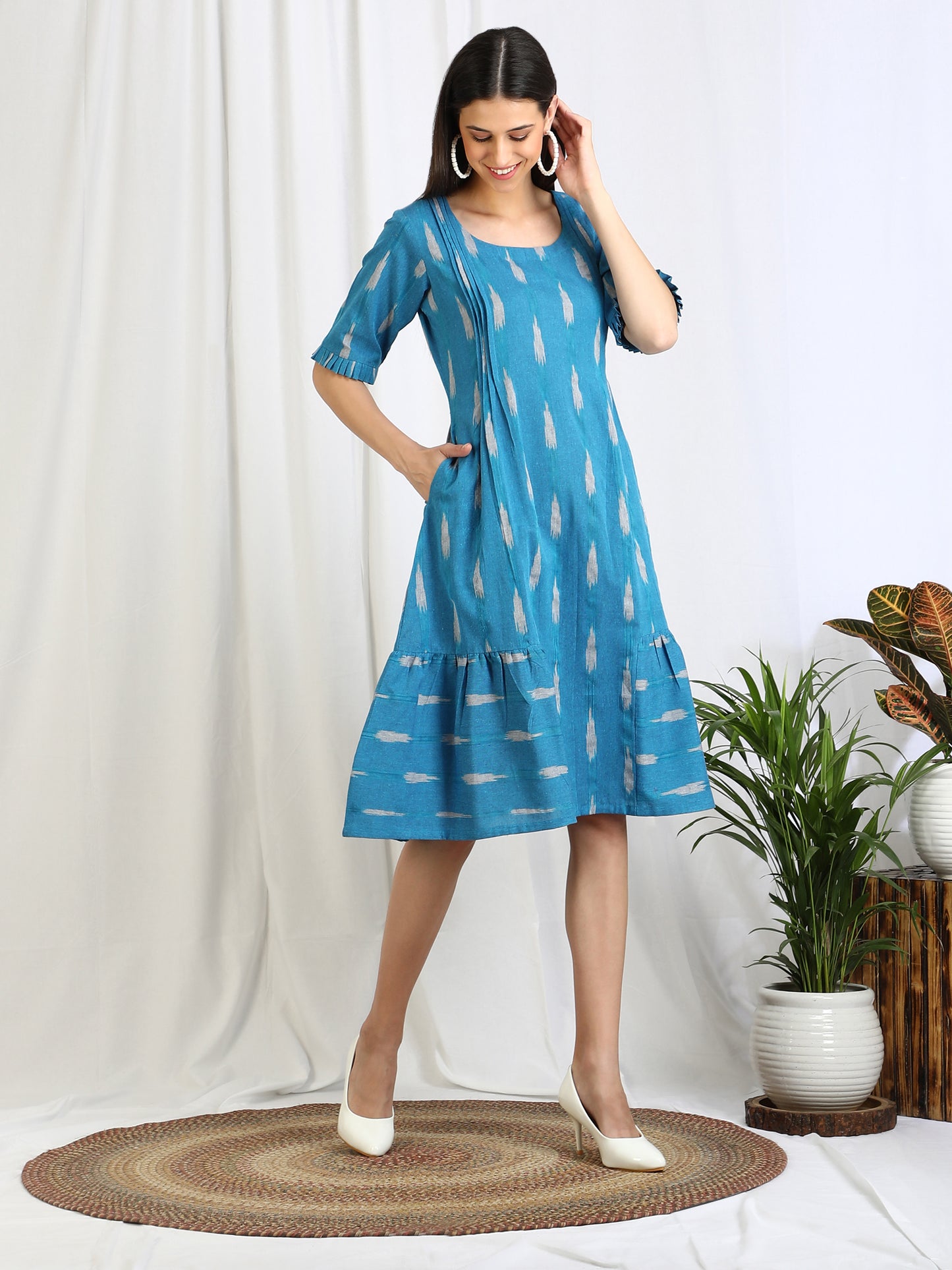 Blue Ikat Cotton Midi Dress by Darzaania
