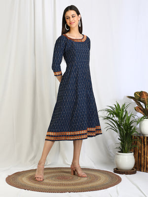 Aqua Blue Ikat Cotton Midi Dress