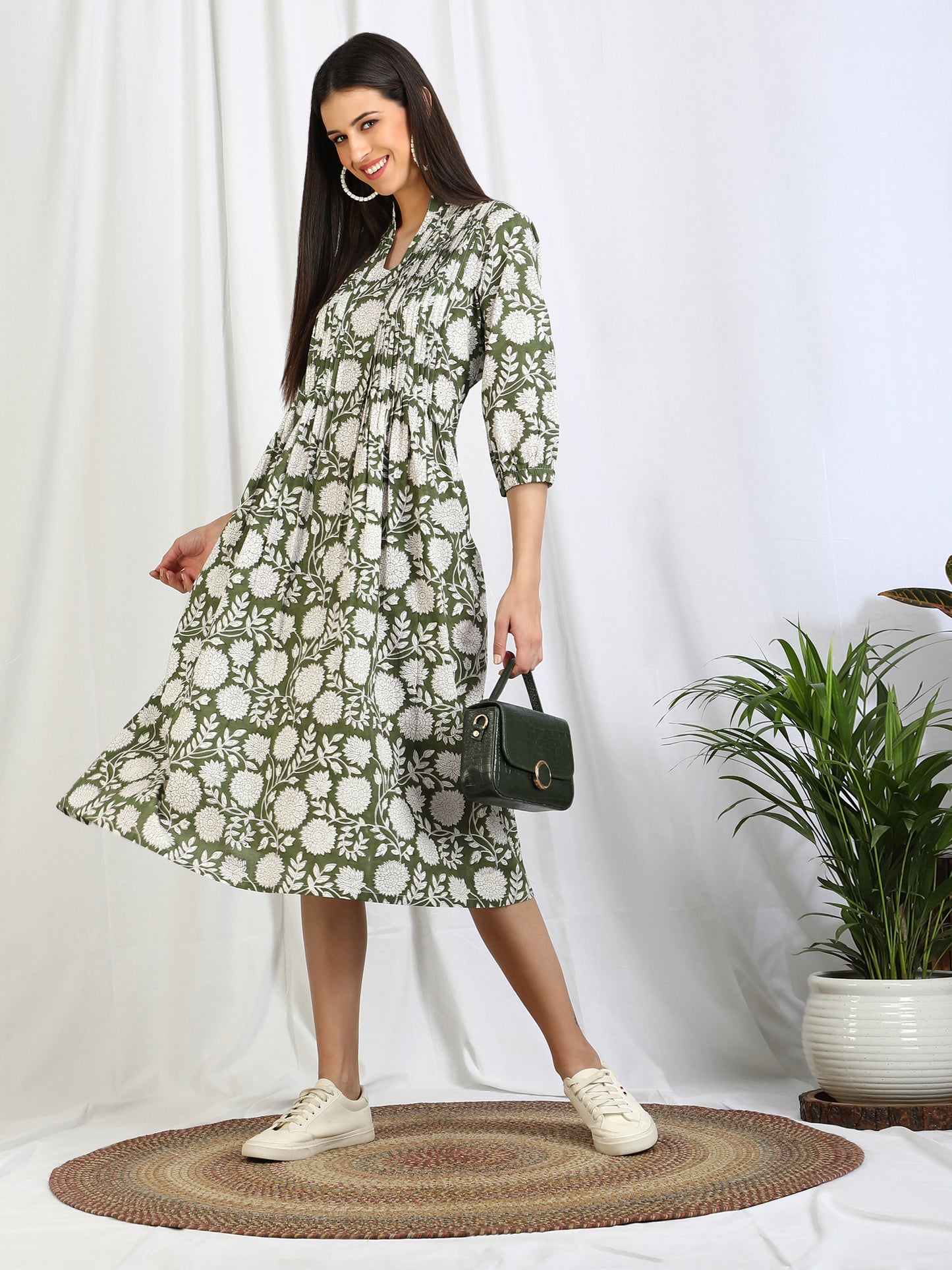 block print cotton dress in green color