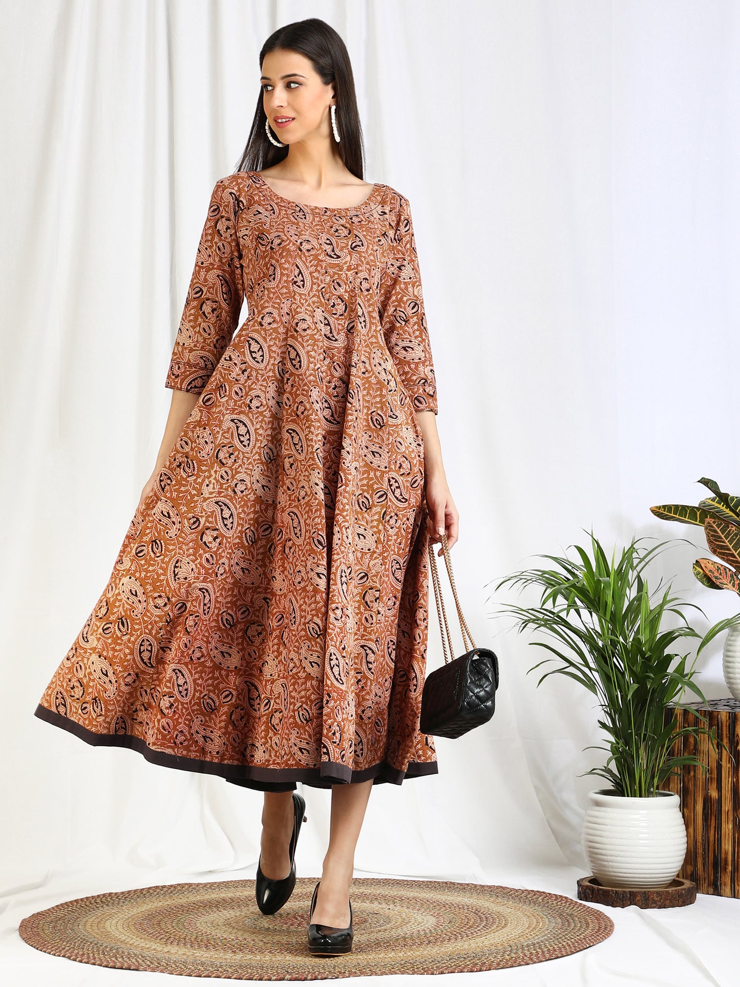 Brown paisley print cotton dress for women