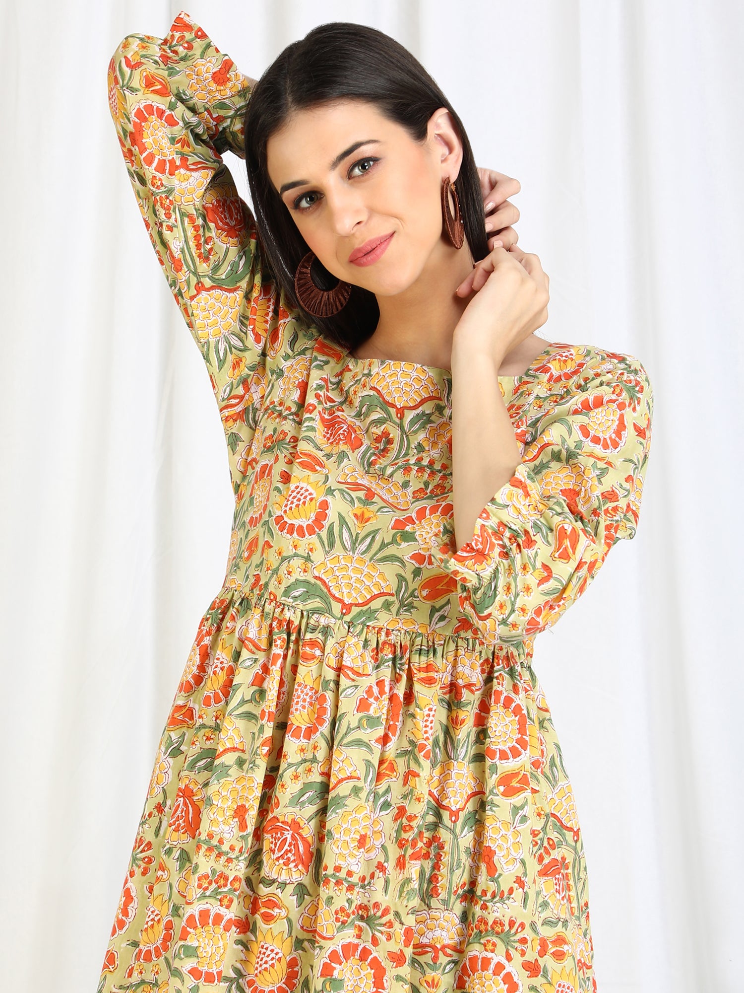 Yellow Floral Cotton Dress for Women