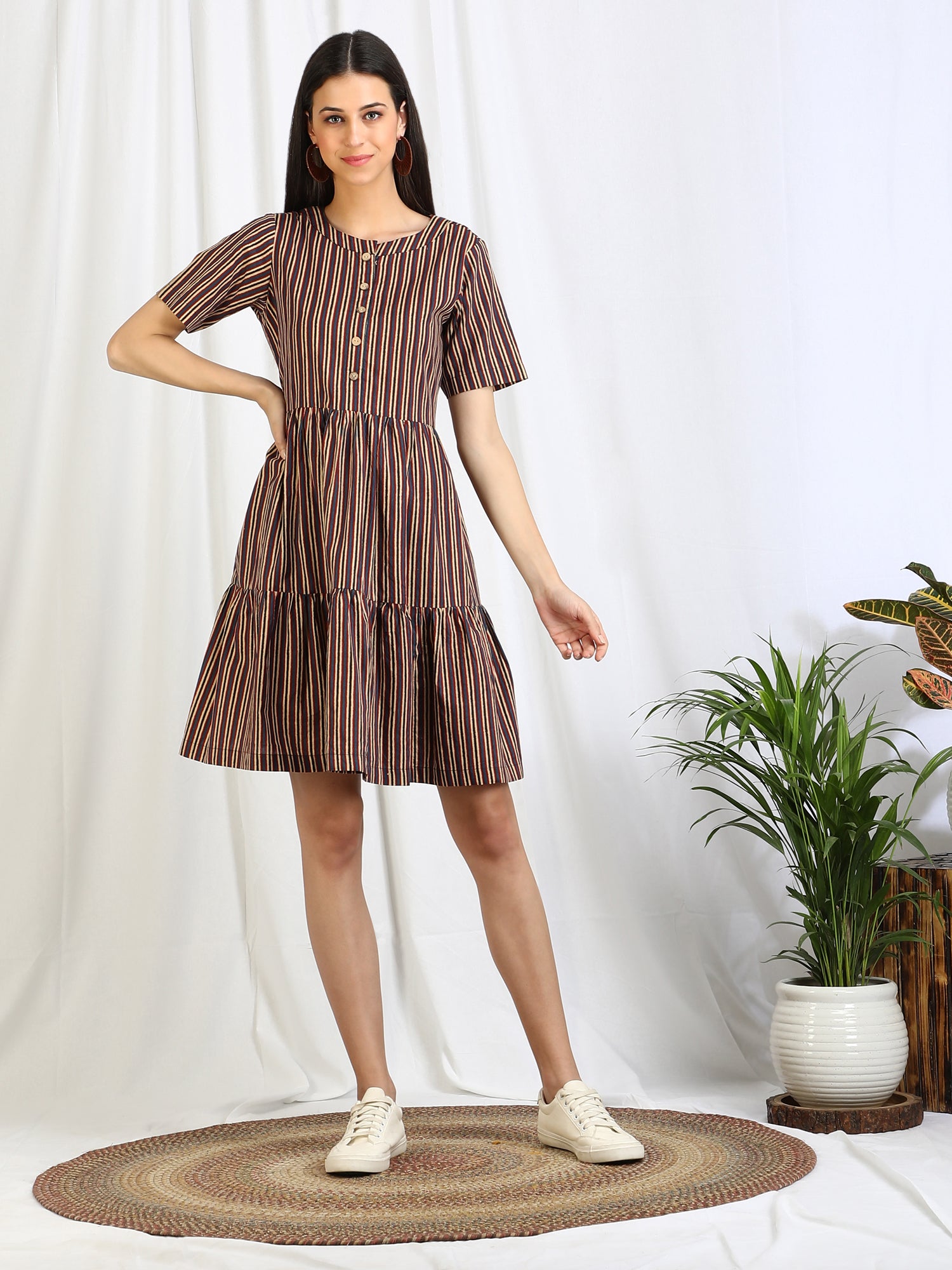 Striped Cotton Midi Dress for women