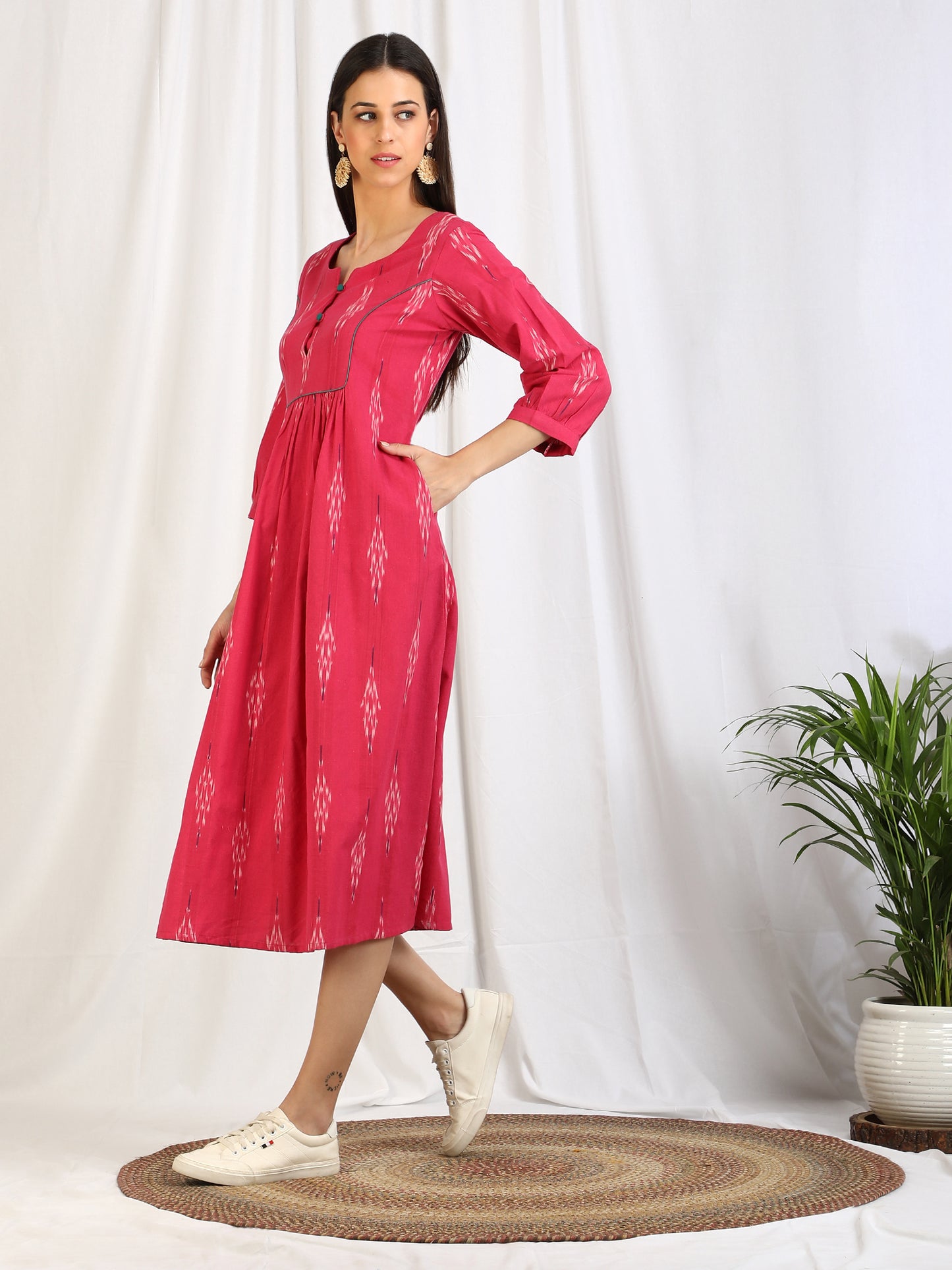 Pink Ikat Cotton Dress with pockets