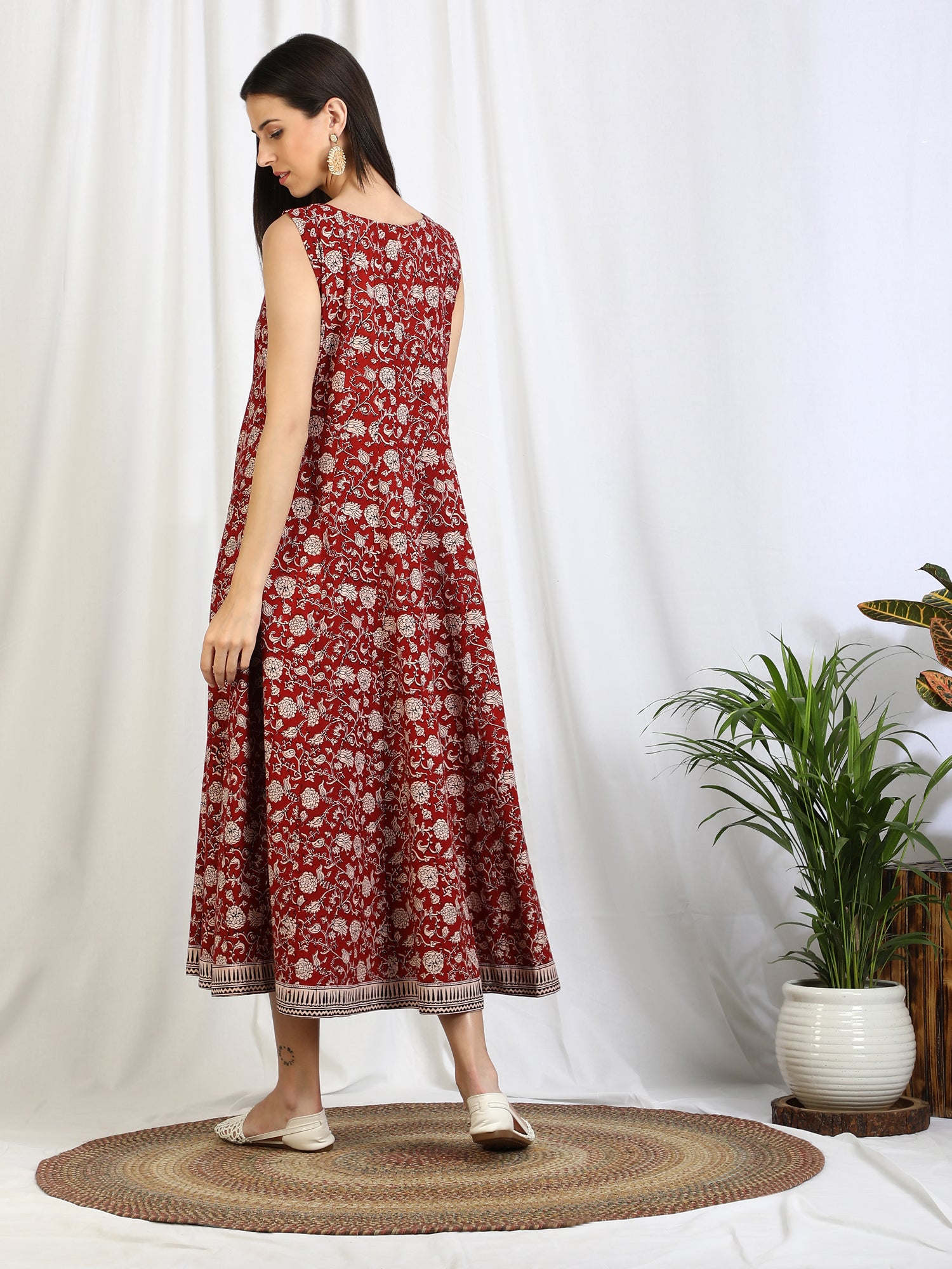 Buy Hatheli Bold & Bright Floral Beige Hand Block Cotton Dress online