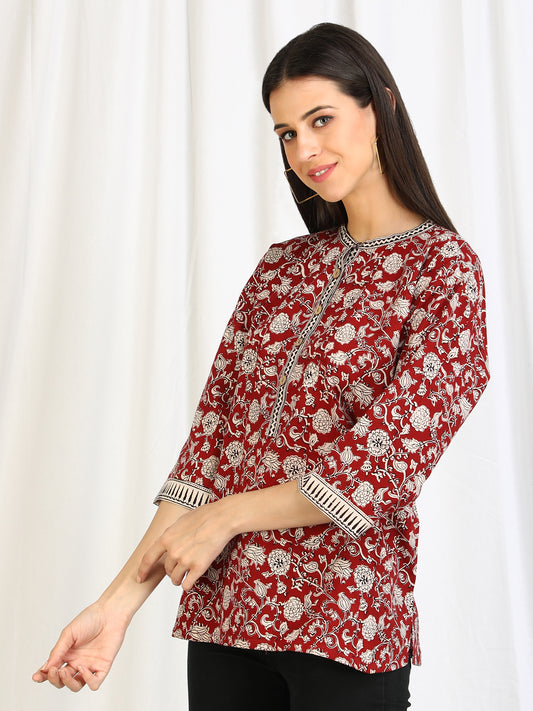 Red Floral Bagh Block Print Cotton top