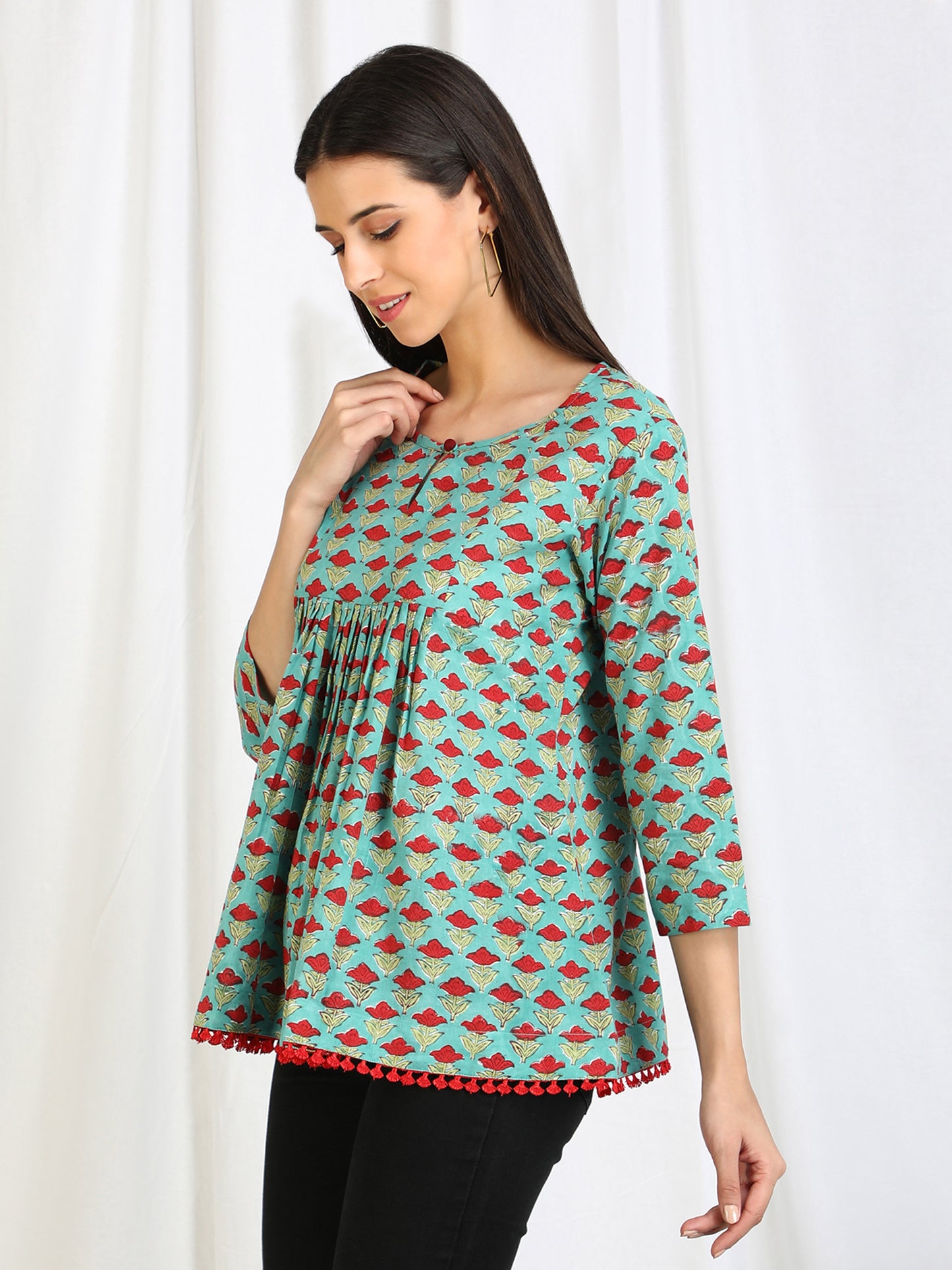 green cotton floral top online