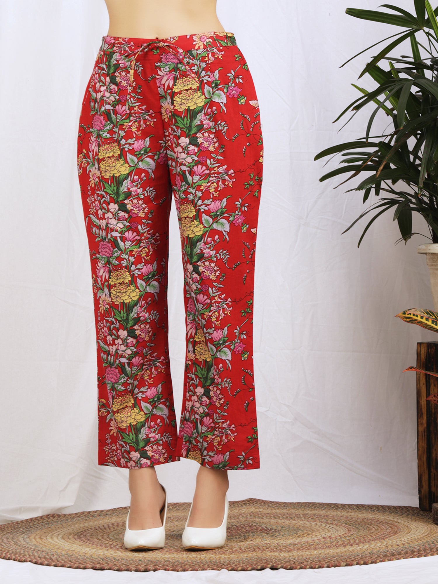 Buy Red Chiffon Satin Printed Floral Straight Flared Pant For Women by  Tizzi Online at Aza Fashions.