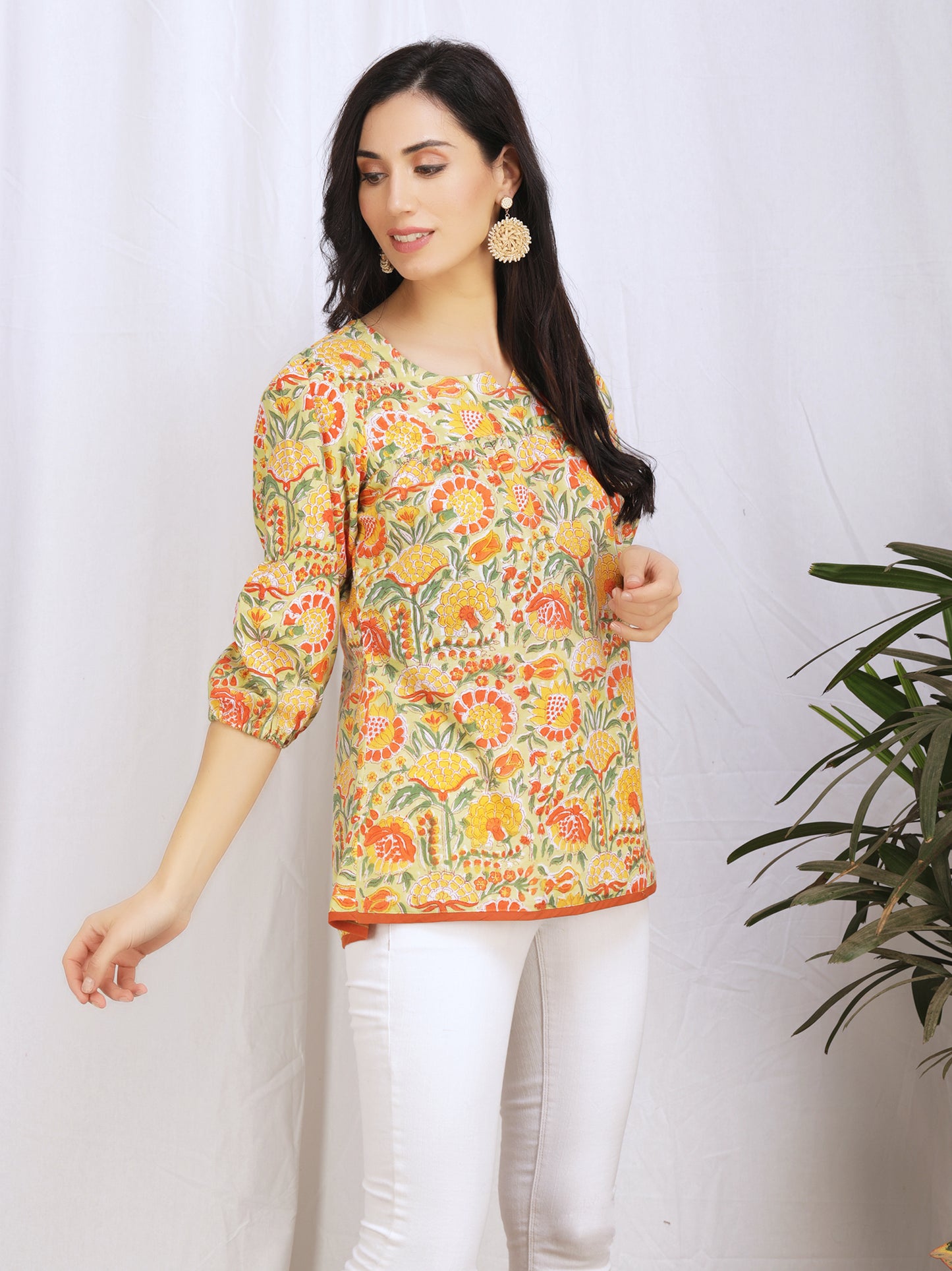 pastel yellow floral cotton tops for women