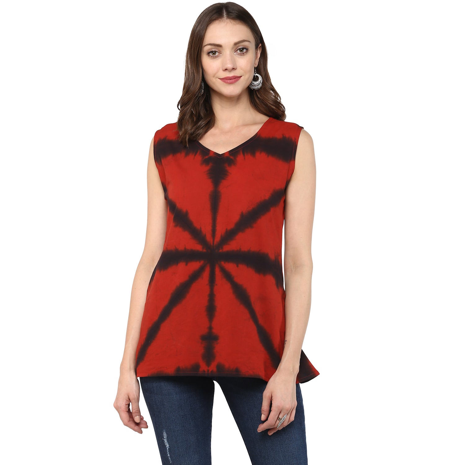 Red Clamp Dyed Tops And Tunics For Women Online