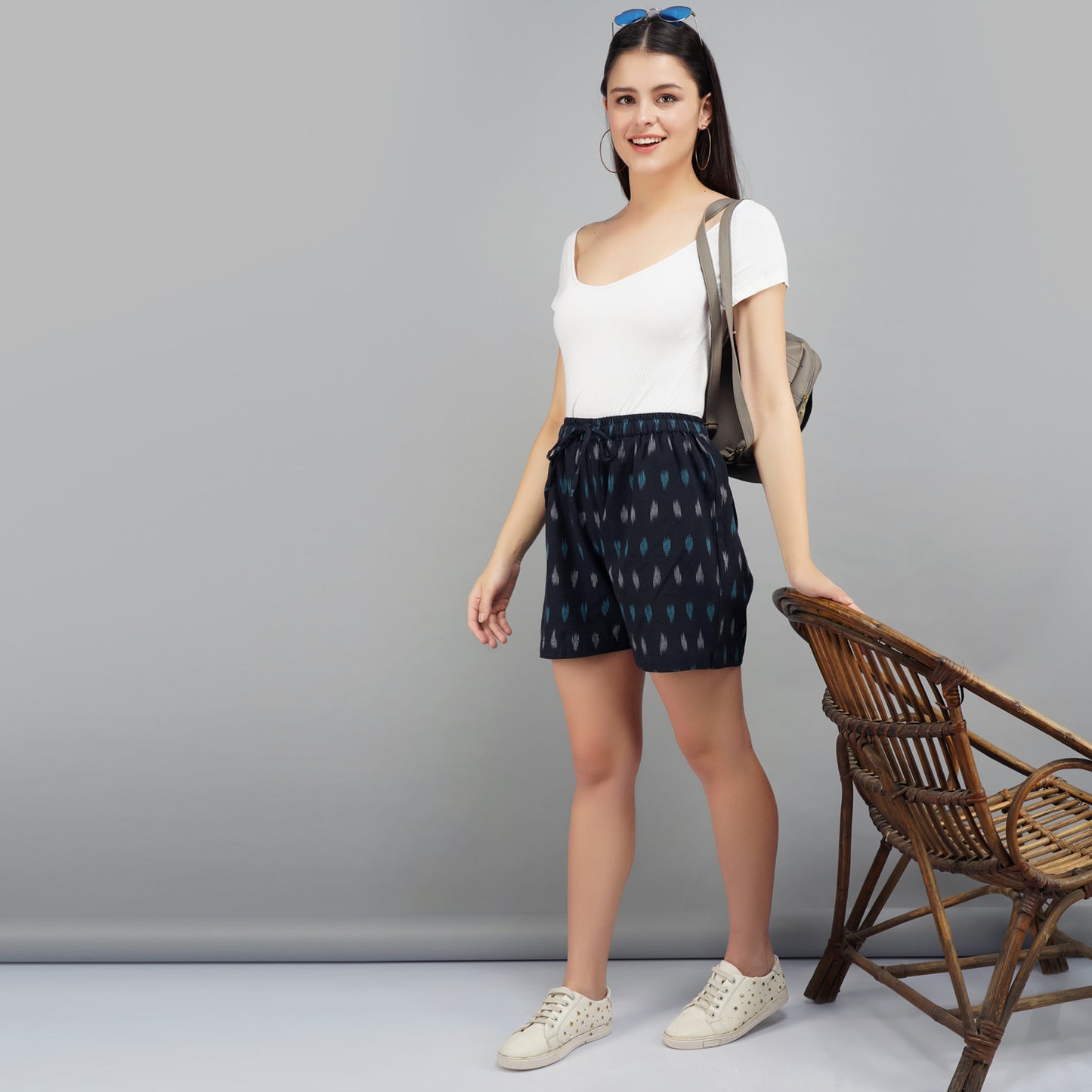 Black Ikat Cotton Shorts For Women Online