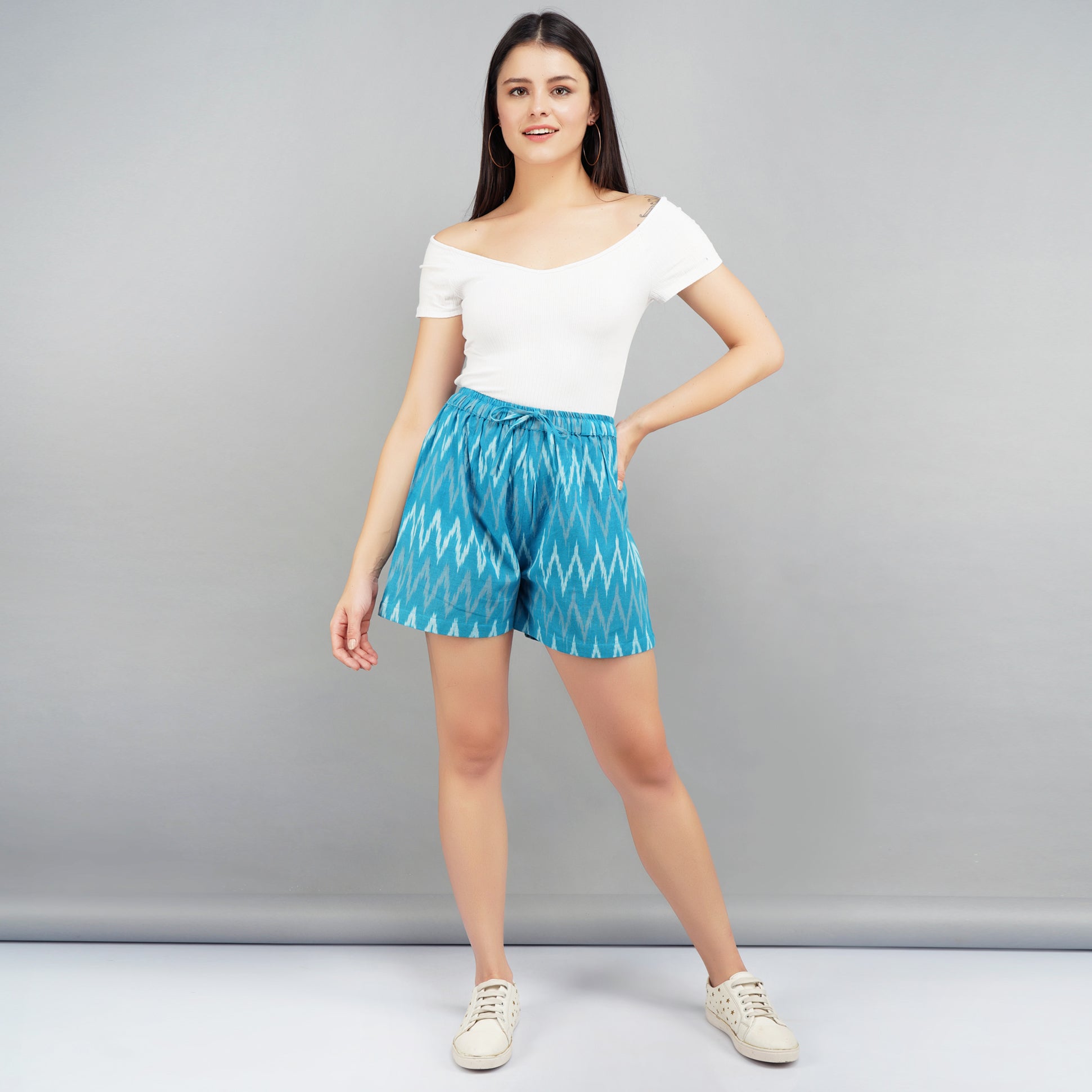 Blue Color Ikat Cotton Shorts For Women Online