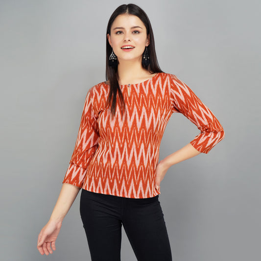 Brown Ikat Cotton Top for Women
