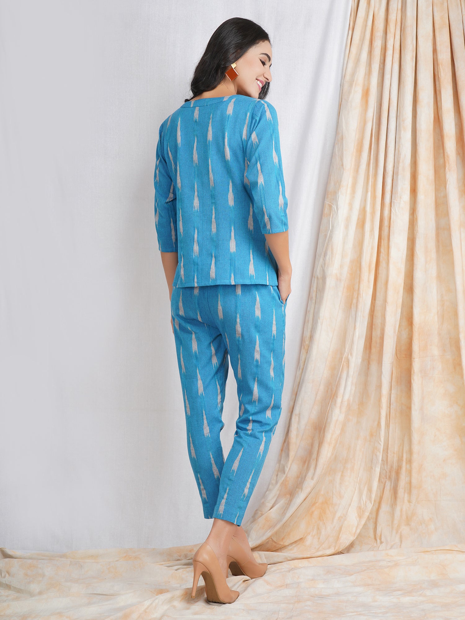 Blue Ikat Jacket with Pant Coord Set for Women