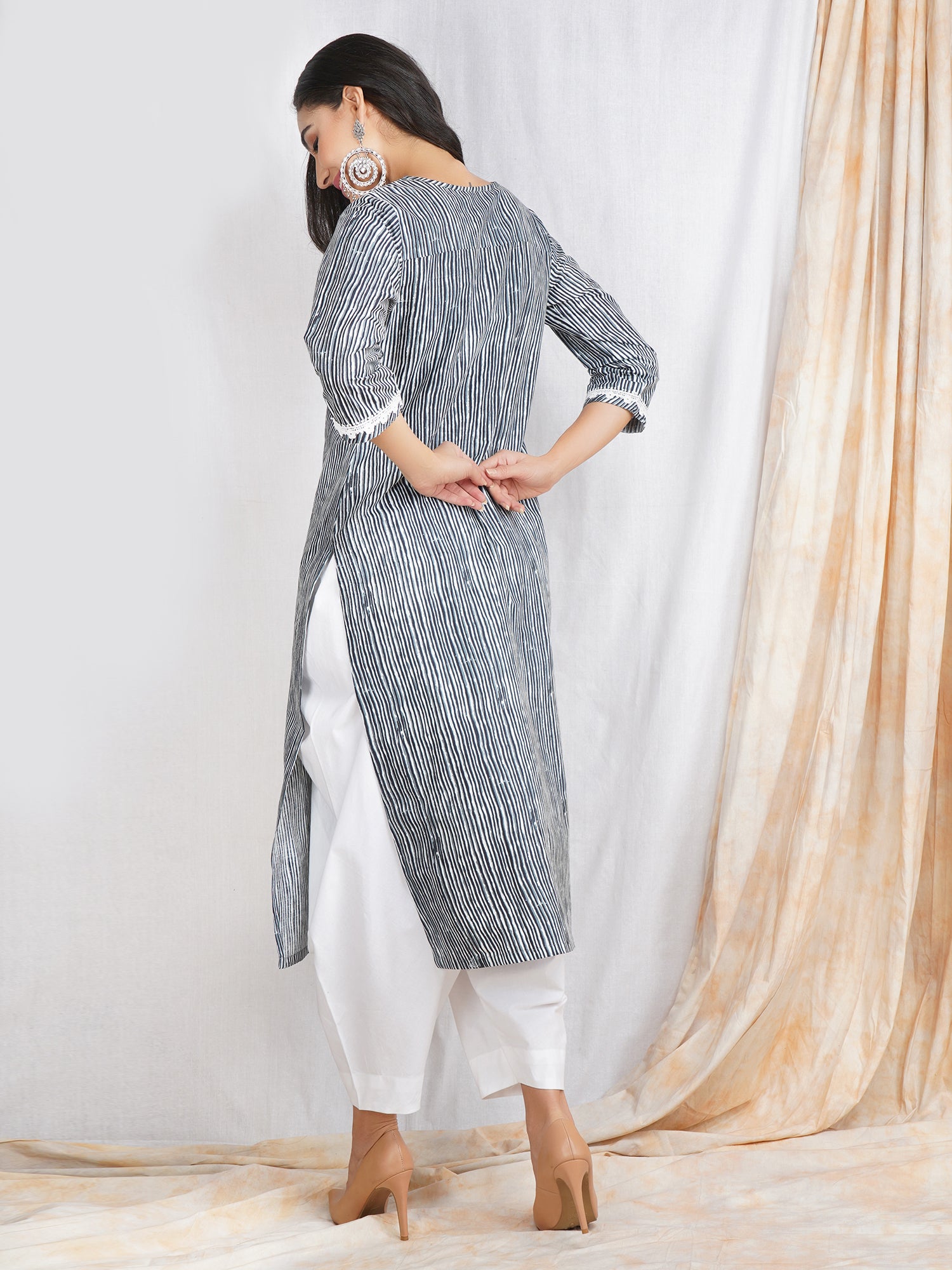 Grey Striped Kurti with White Pants for women