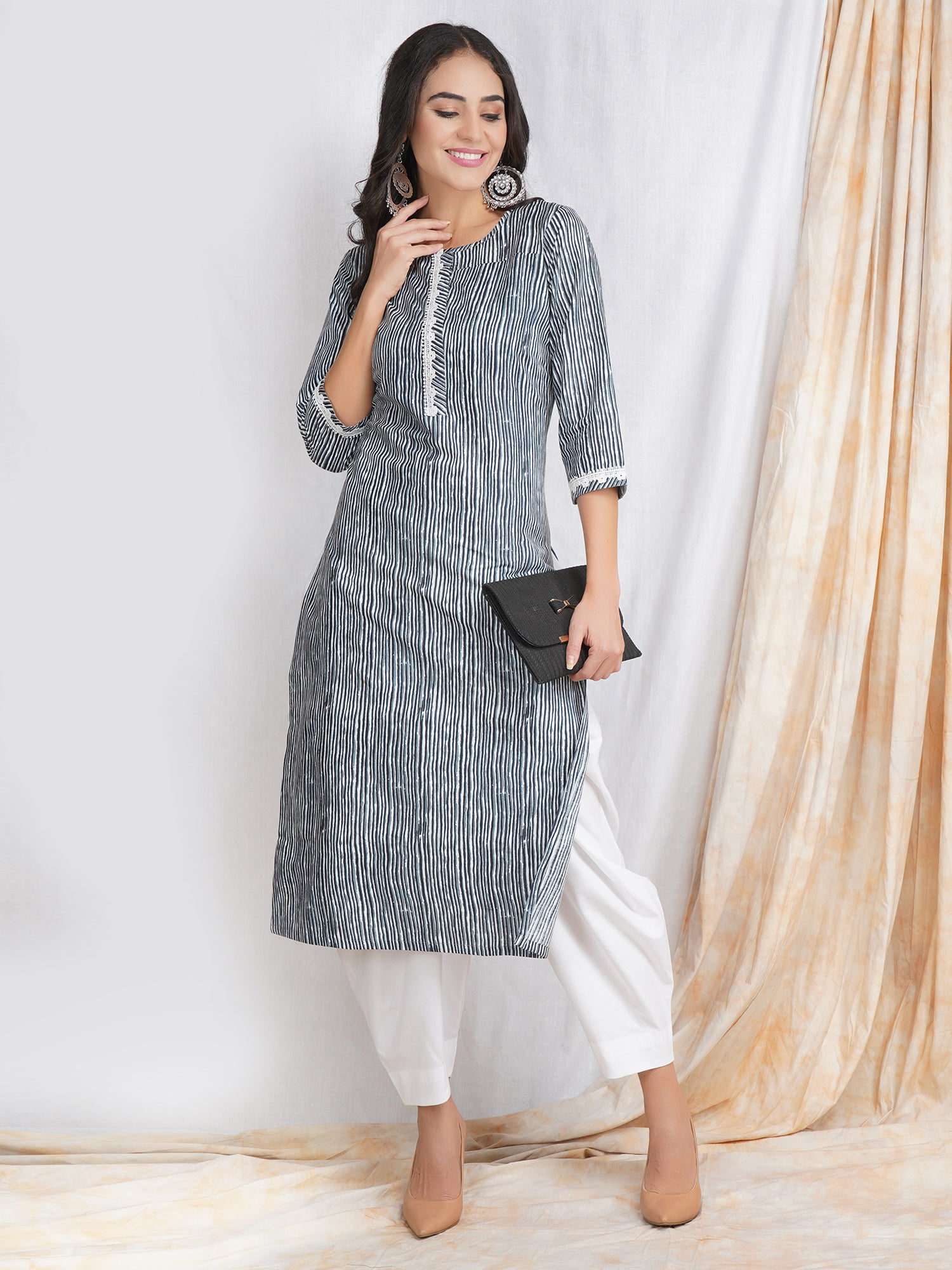 Twara graphite grey 3/4th sleeve embroidered long modal satin straight-cut  button-style kurti