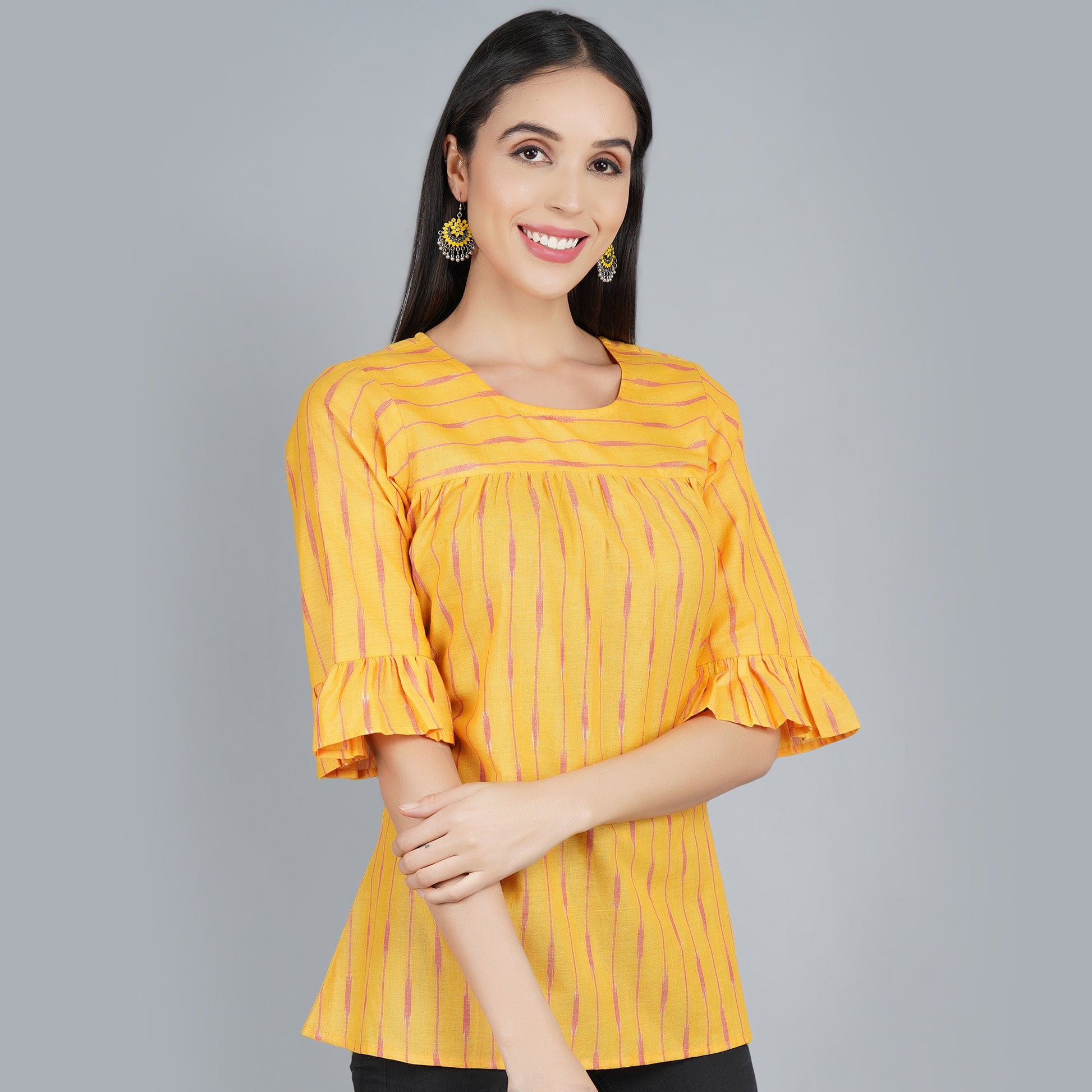 Yellow Ikat cotton top for women