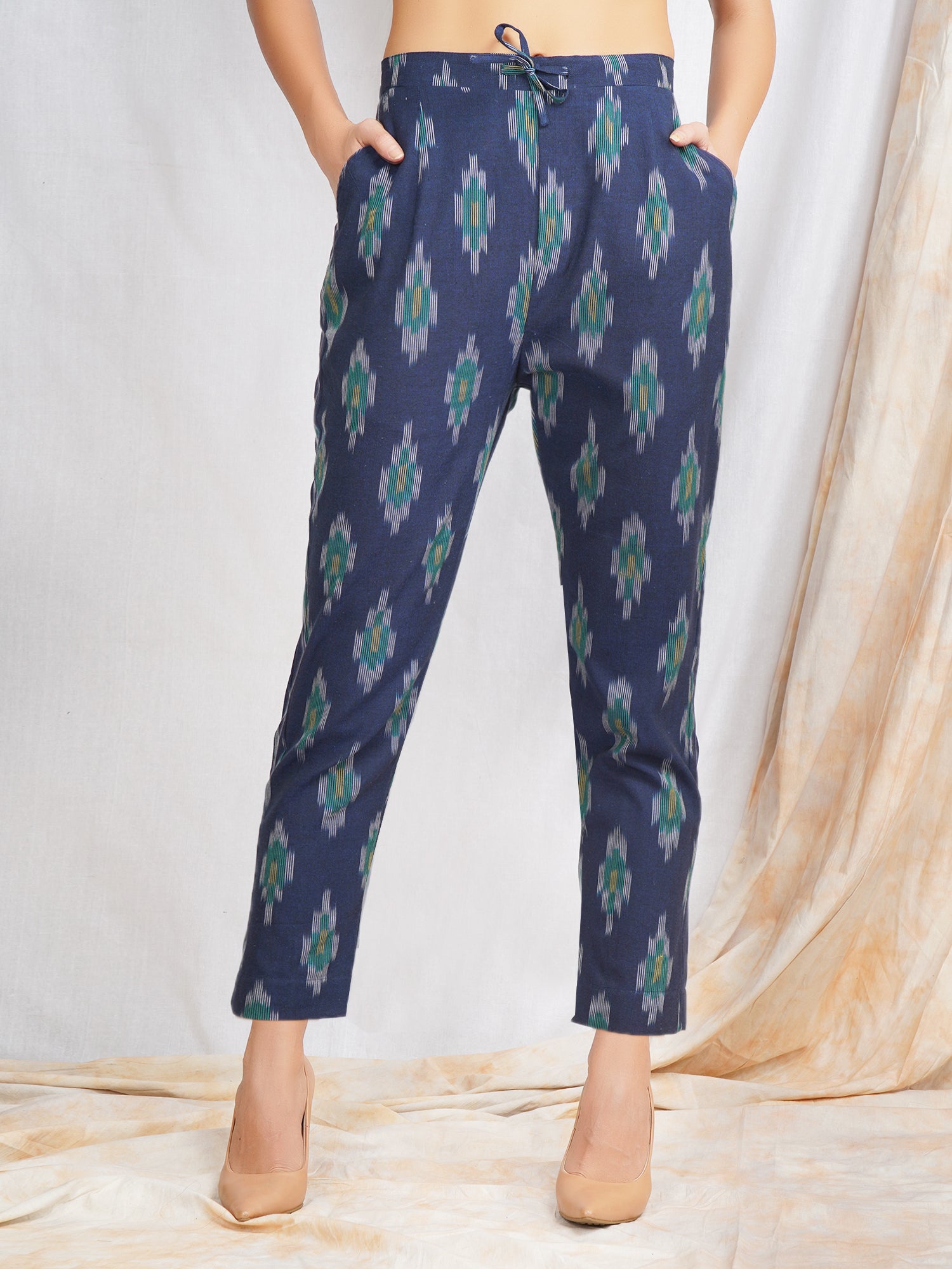 Ikat Cotton Pants for Ladies in Navy BLue color