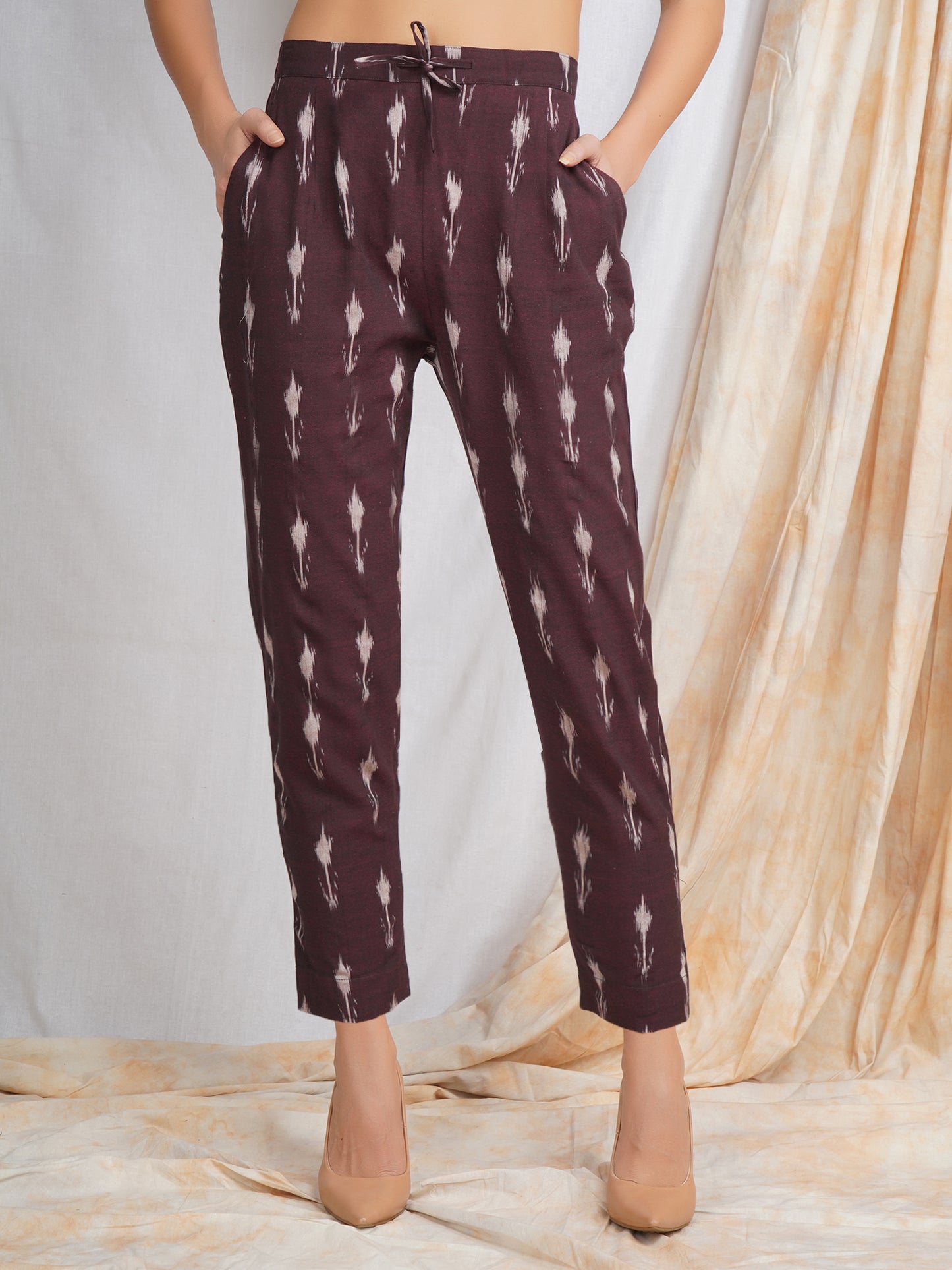 Ikat Cotton Pants in Maroon Color