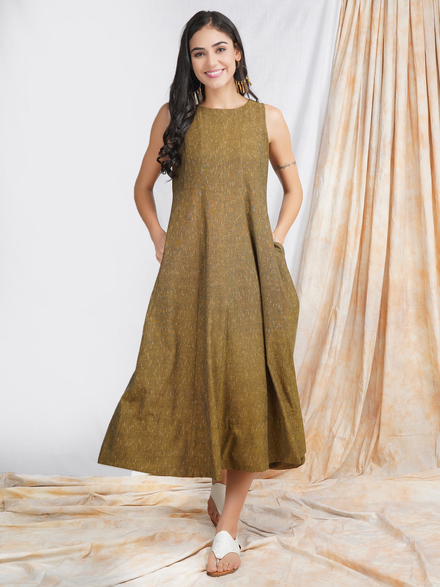 Olive Color Ikat Cotton Dress for Women