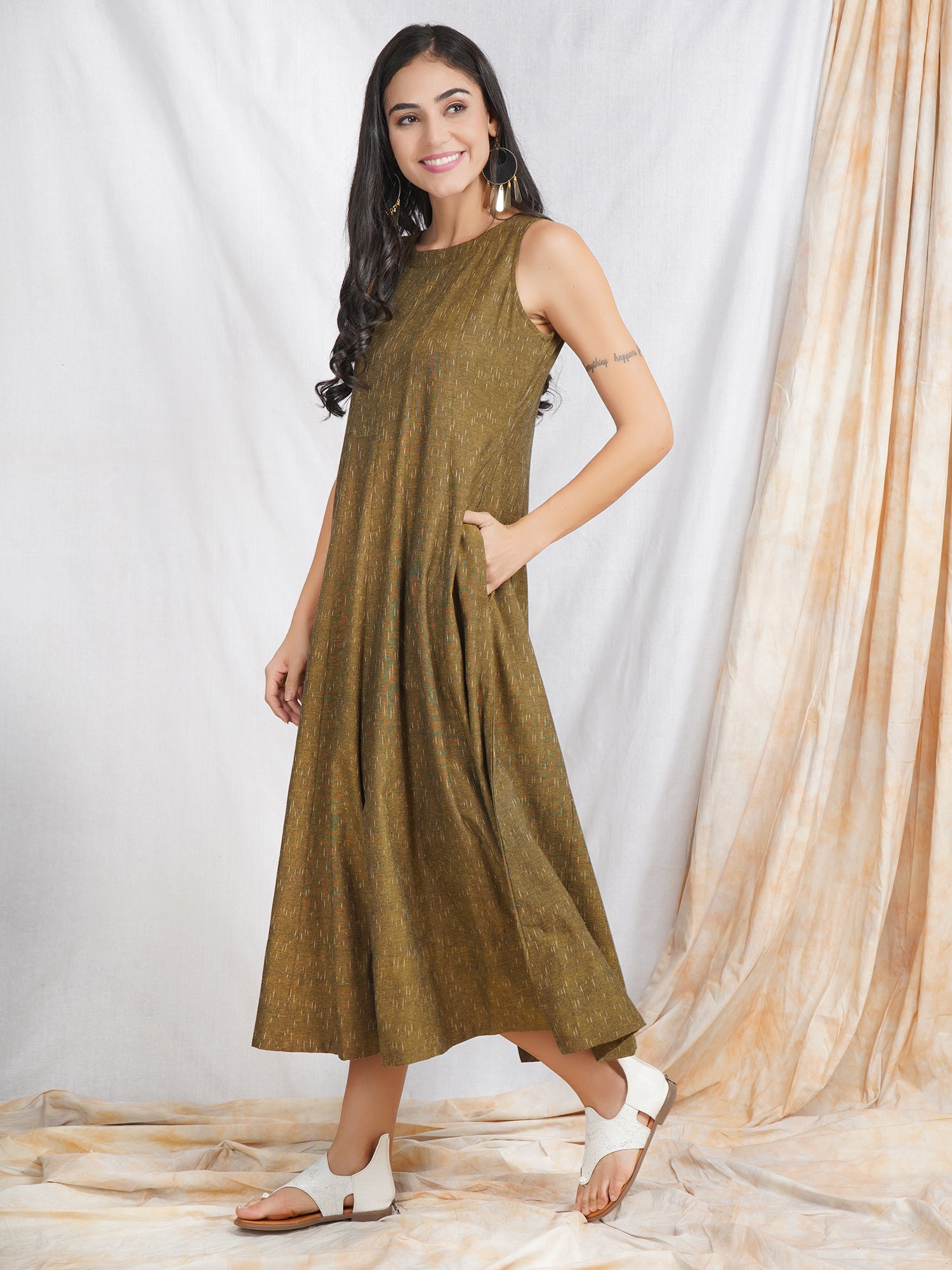 Olive Color Ikat Cotton Maxi Dress