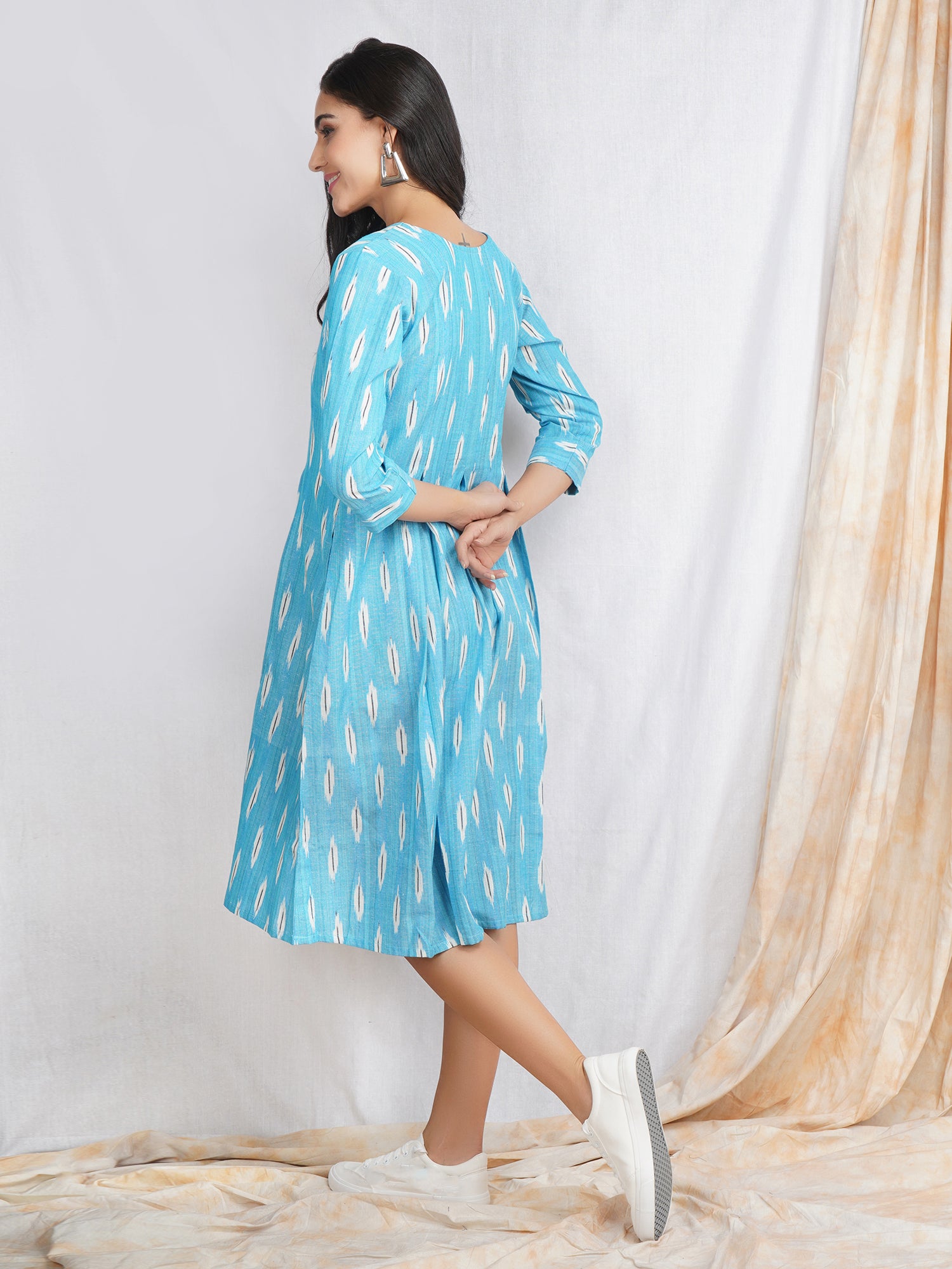 Sky blue color dress in ikat cotton