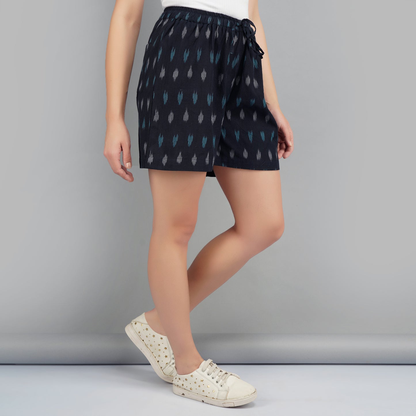 Black Color Ikat cotton Shorts for Women