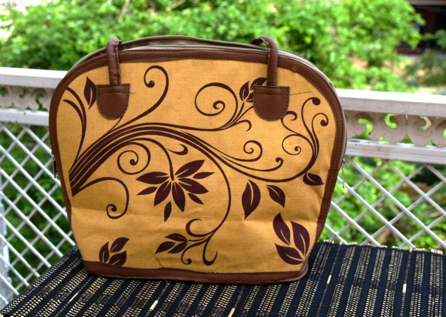 Yellow Shoulder Handbag with Brown Leaves print