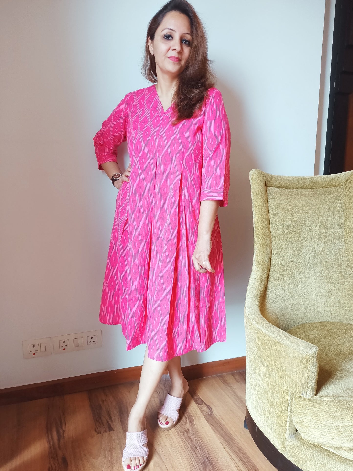 Pink Ikat Cotton Midi Dress