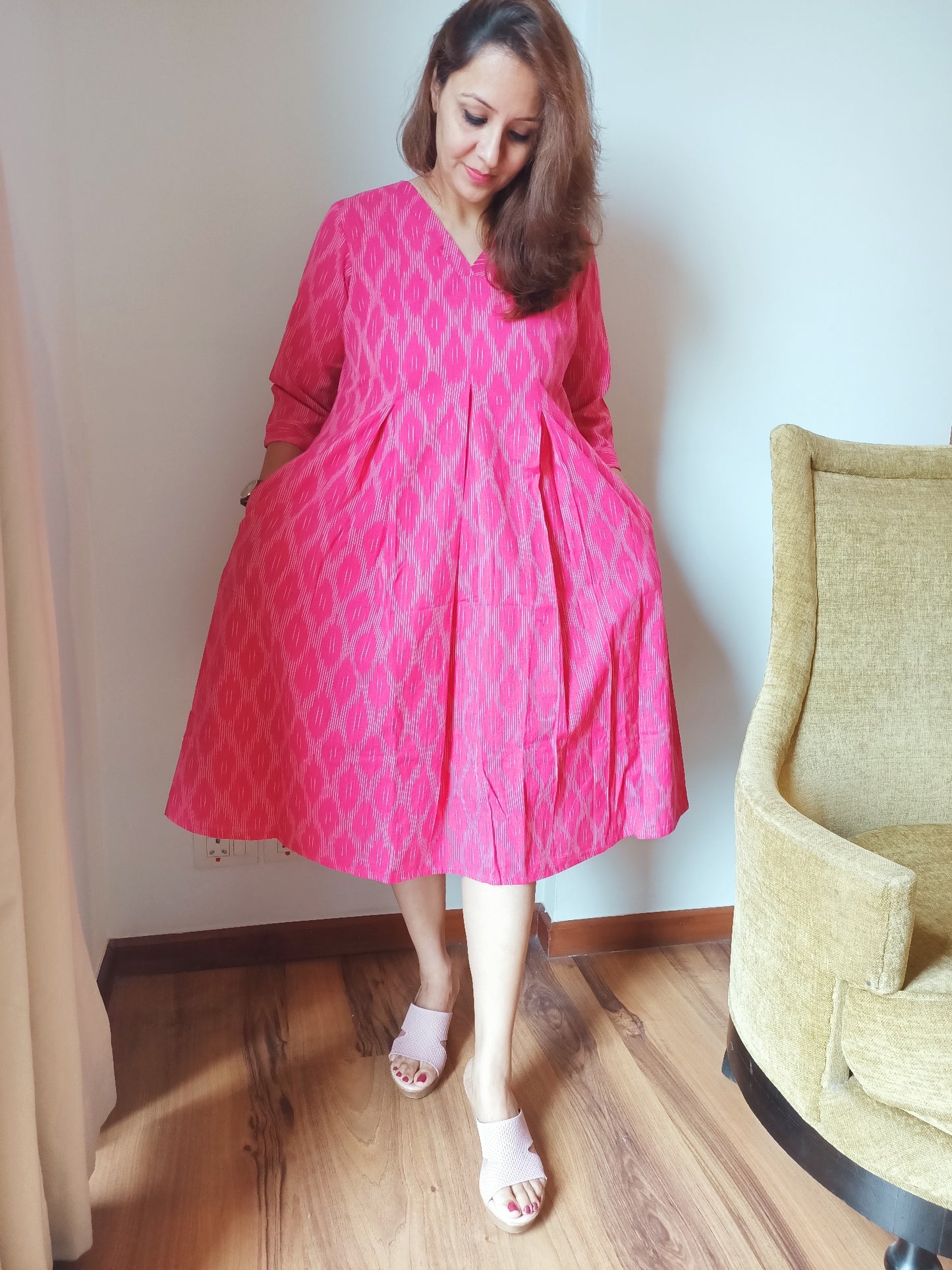 Pink Ikkat cotton calf length dress