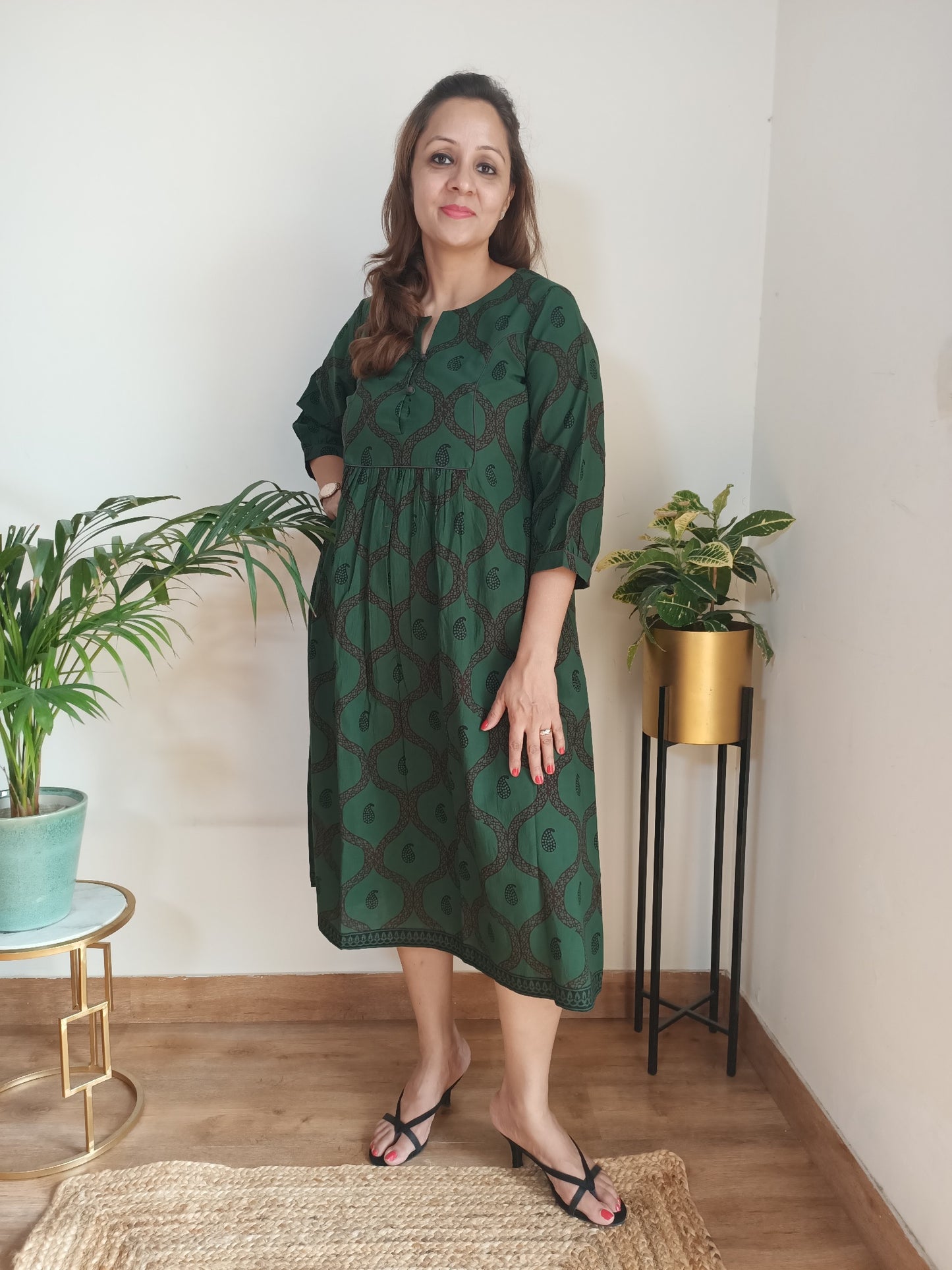Bagh Print Green Cotton Dress for women