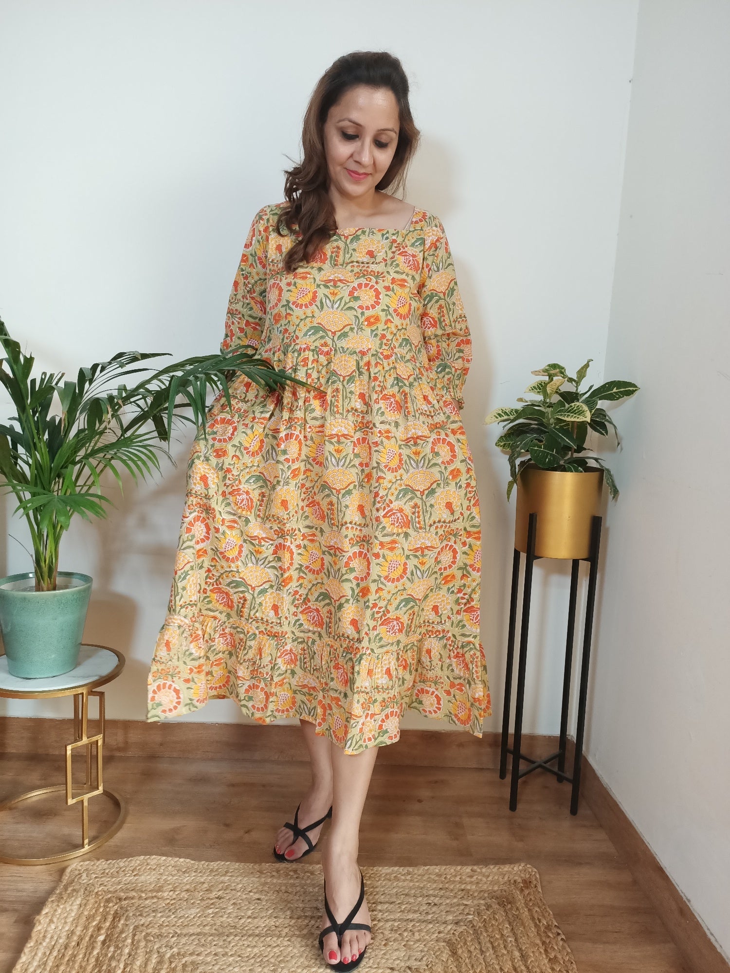 floral yellow cotton dress for women