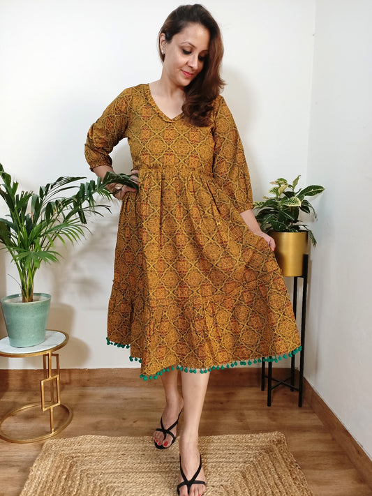 Mustard Printed Cotton Dress for women