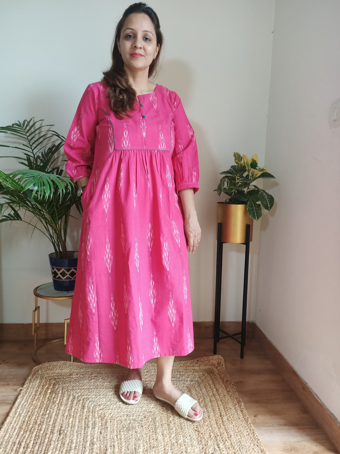 Pink Ikat Cotton Dress for Women
