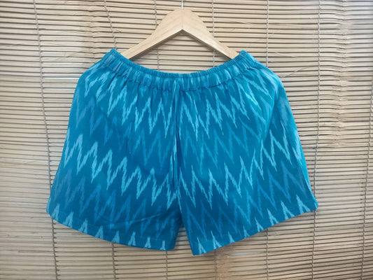 Blue Ikat Cotton Shorts for Women