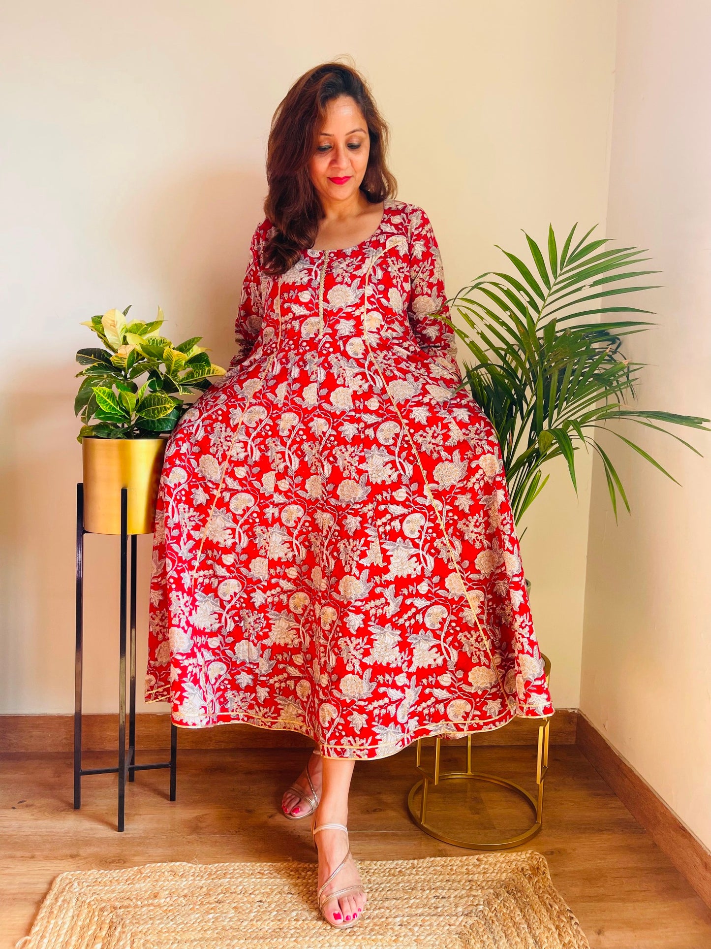 Red Floral Cotton Dress for Women