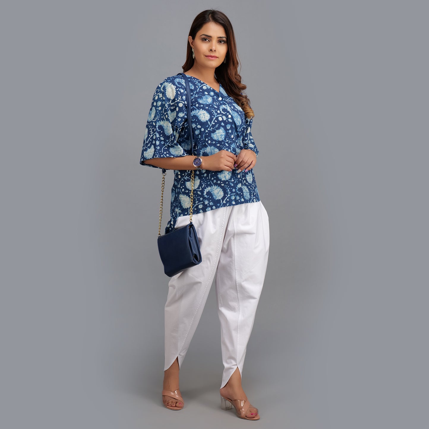 Blue Printed Cotton Top for Women