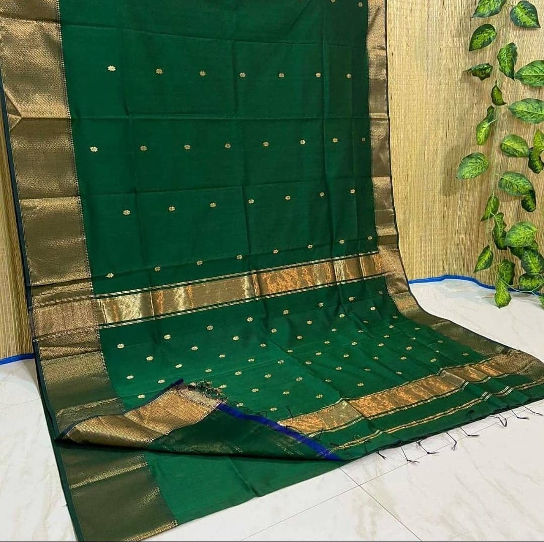Maheshwari Dark green Cotton Silk Saree